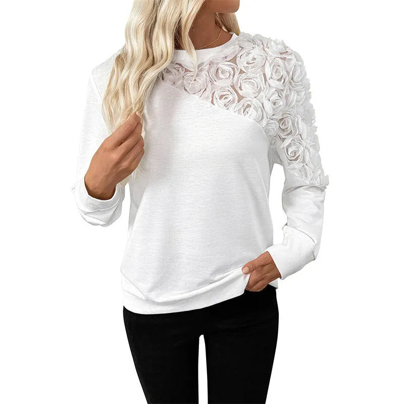 White floral print loose fit long sleeve women's polyester top