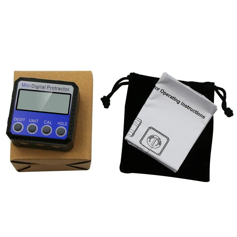 Blue digital inclinometer with magnetic base and multi-angle flip display on a metal surface