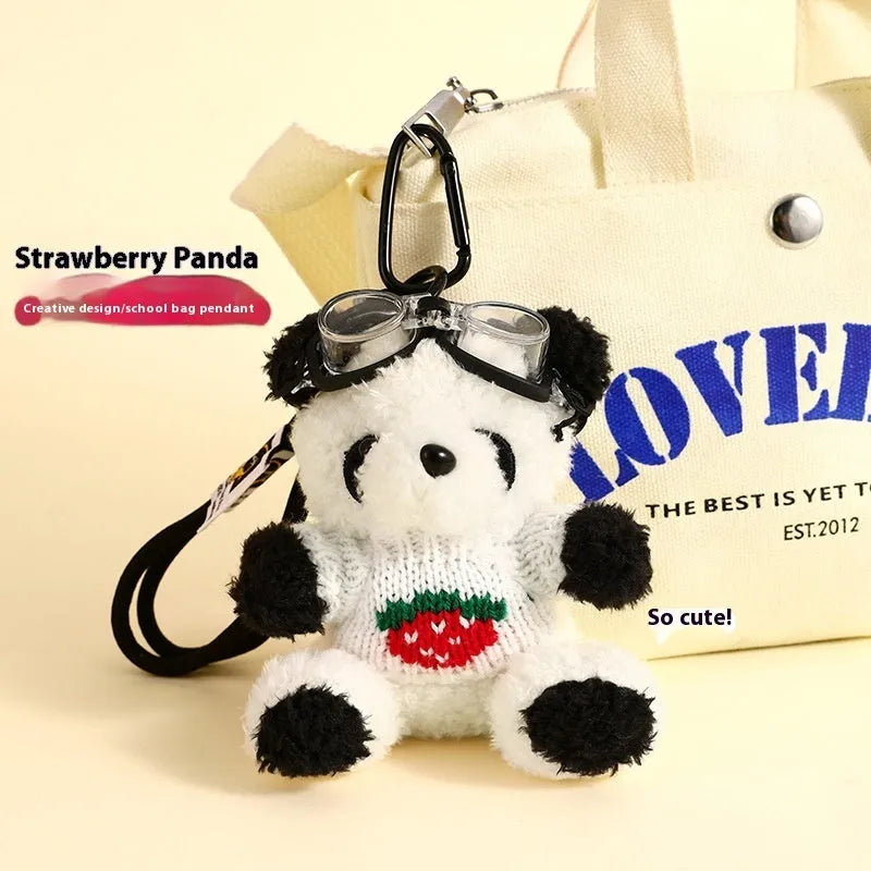 Cute plush strawberry bear doll keychain pendant with soft fabric and cartoon style