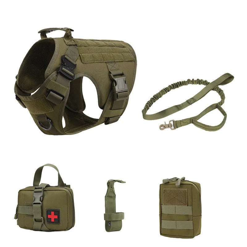 Outdoor tactics five-piece dog harness set in polyester camouflage, available in four colours and sizes S to XL