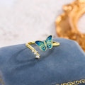 Copper butterfly ring with blue epoxy inlay, adjustable opening, silver colour, simple animal style
