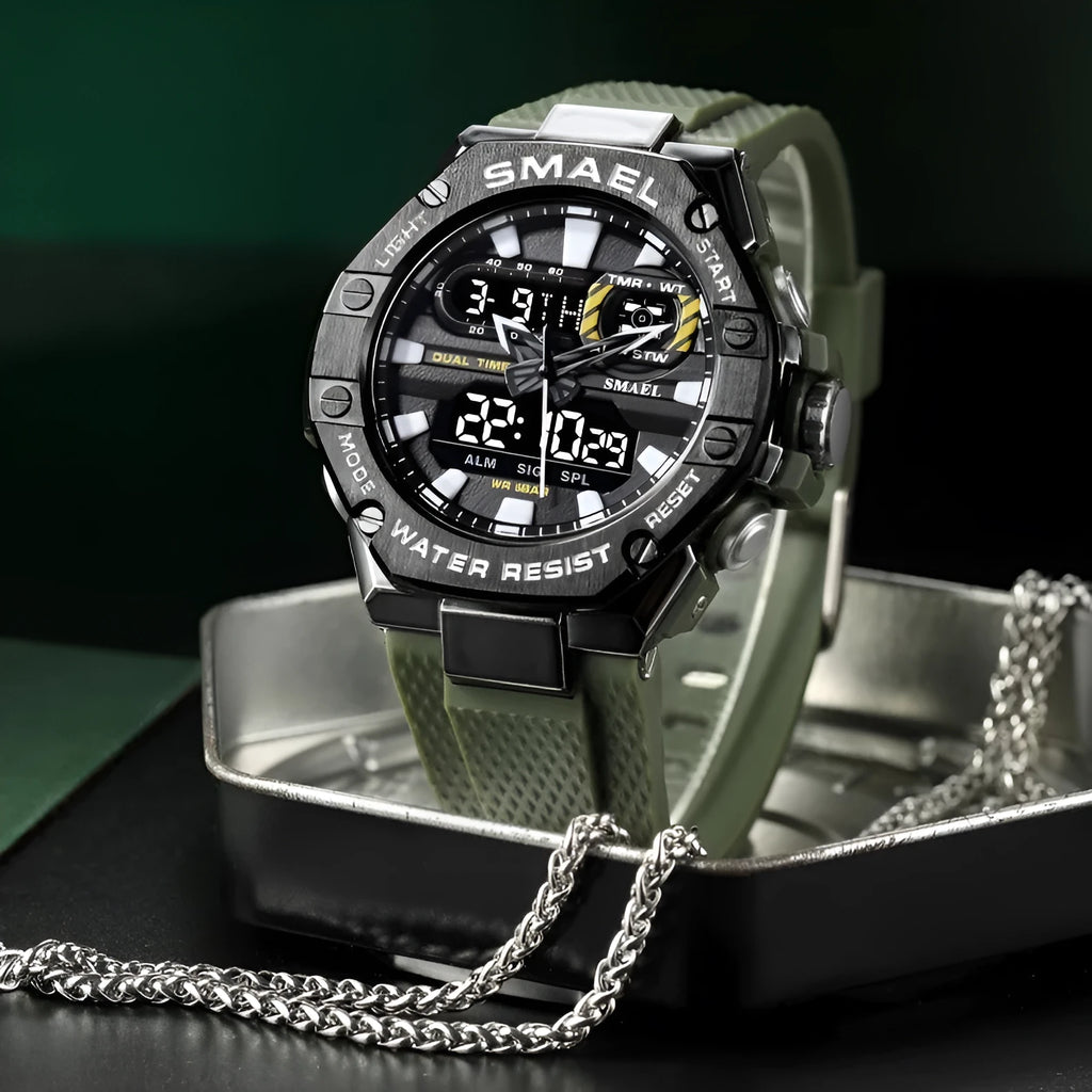 Men's digital alloy watch with 47mm dial, 50M water resistance, acrylic mirror, and steel blue strap