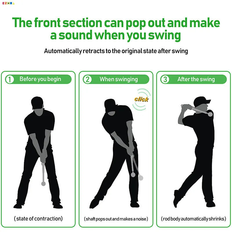 A telescopic golf swing trainer in stainless steel, shown extended for use.