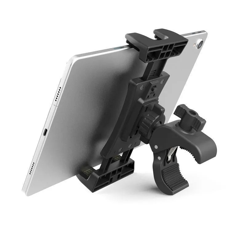 Black universal bicycle handlebar mount bracket for mobile phones and tablets on a bike.