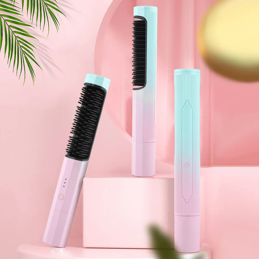 Pink cordless straightening comb with nylon bristles and USB charging port