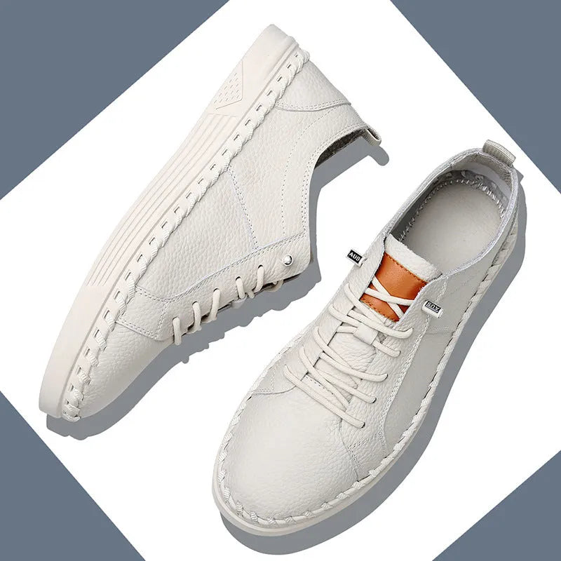 Men's beige cowhide sneakers with mesh lining and stitching details
