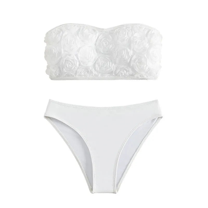 White women's tube top high waist bikini swimsuit set made from nylon and polyester