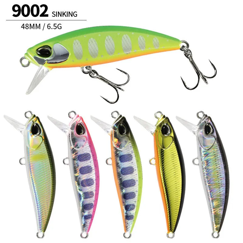 Hard plastic minnow fishing lure measuring 48mm, shown in one of 14 available colours, with integrated hook hangers.