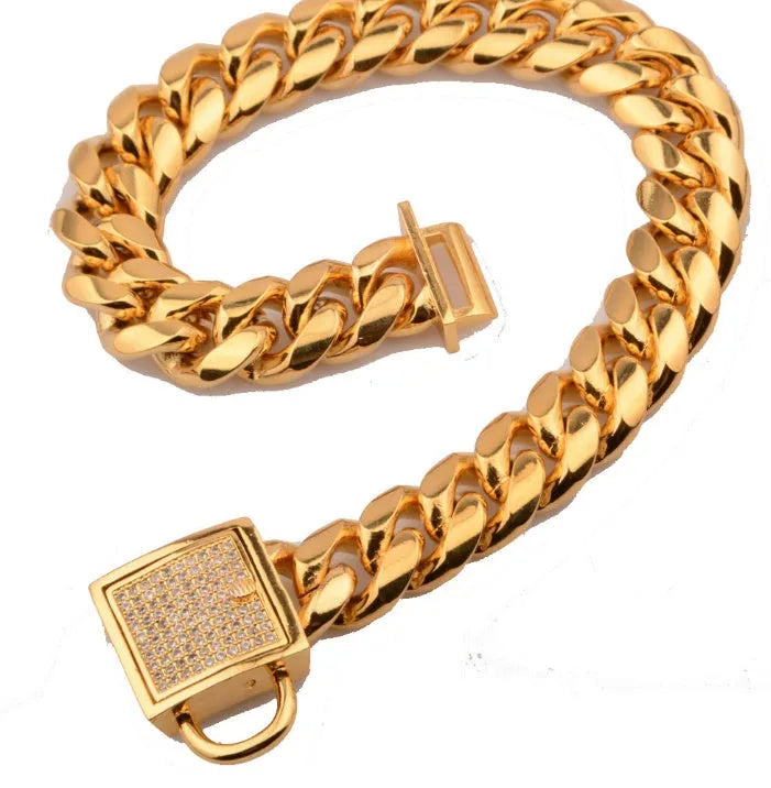 Gold stainless steel titanium steel encryption chain necklace 30mm wide on display