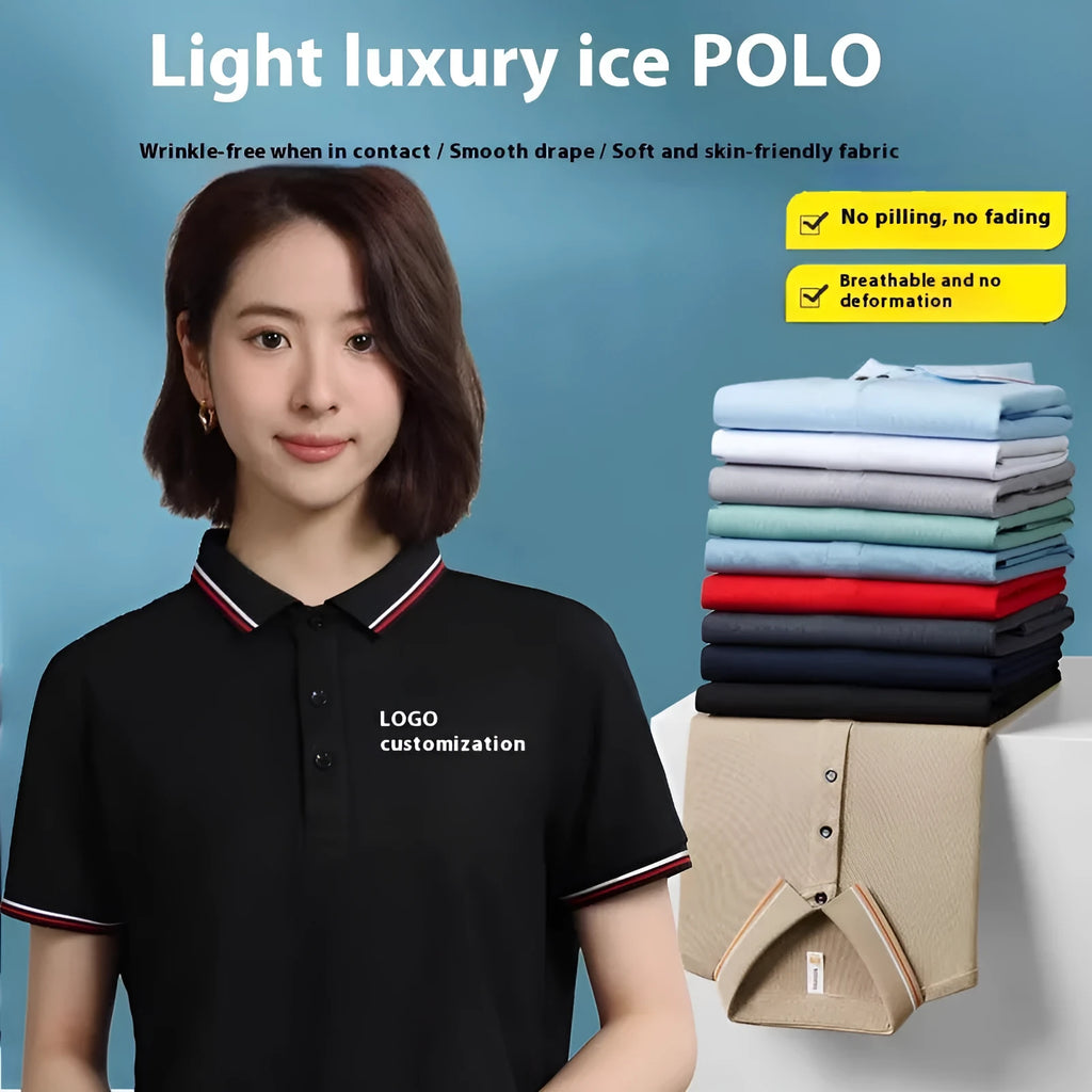 Lapel polo shirt in polyester with short sleeves and printed pattern, available in multiple colours