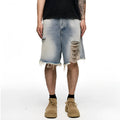Light blue retro washed men's baggy denim shorts on a mid-rise mannequin, showing wide-leg cut.
