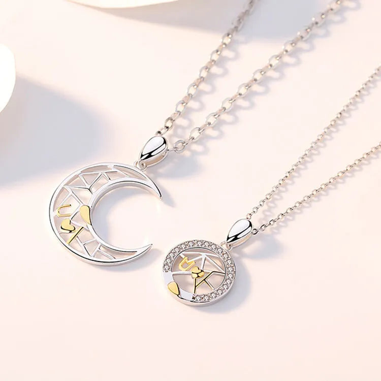 Sun moon couple necklace set with electroplated copper pendants on cross chains