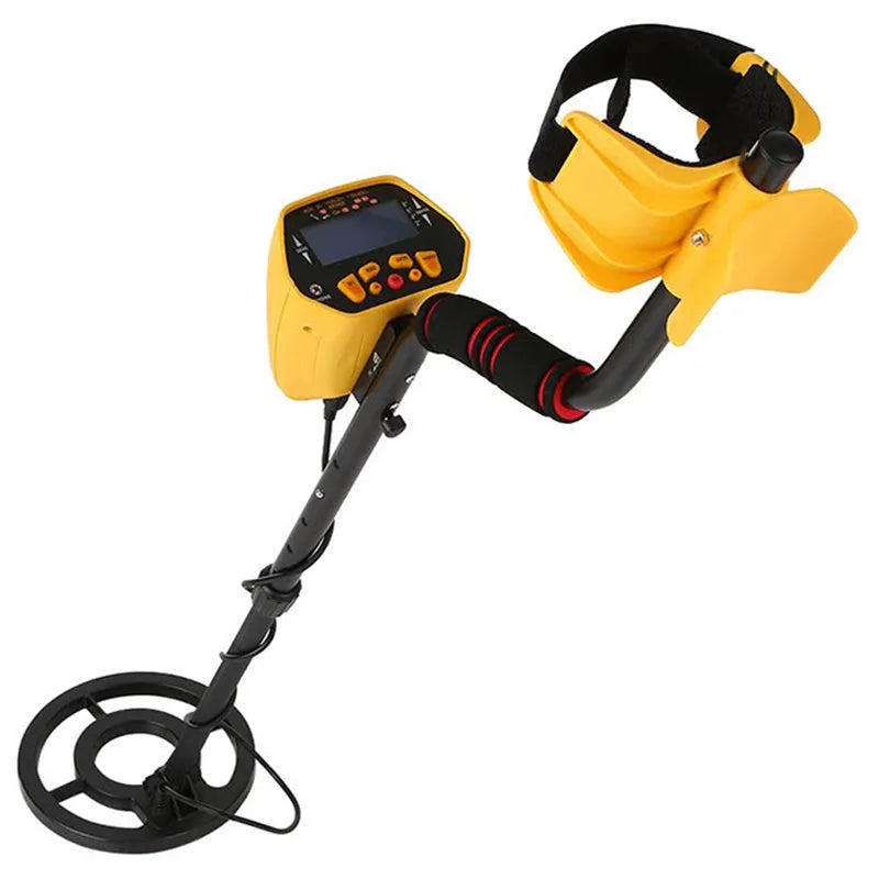 GC1028 black and yellow metal detector with LCD screen and adjustable shaft on grass.