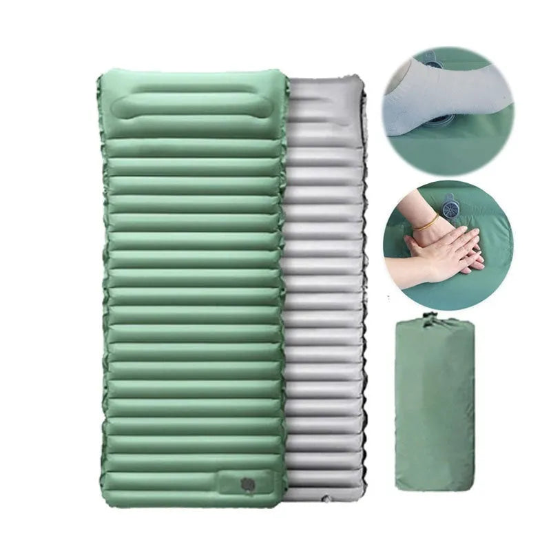 Inflatable camping mattress showing waterproof 40D nylon TPU material and included inflation pump