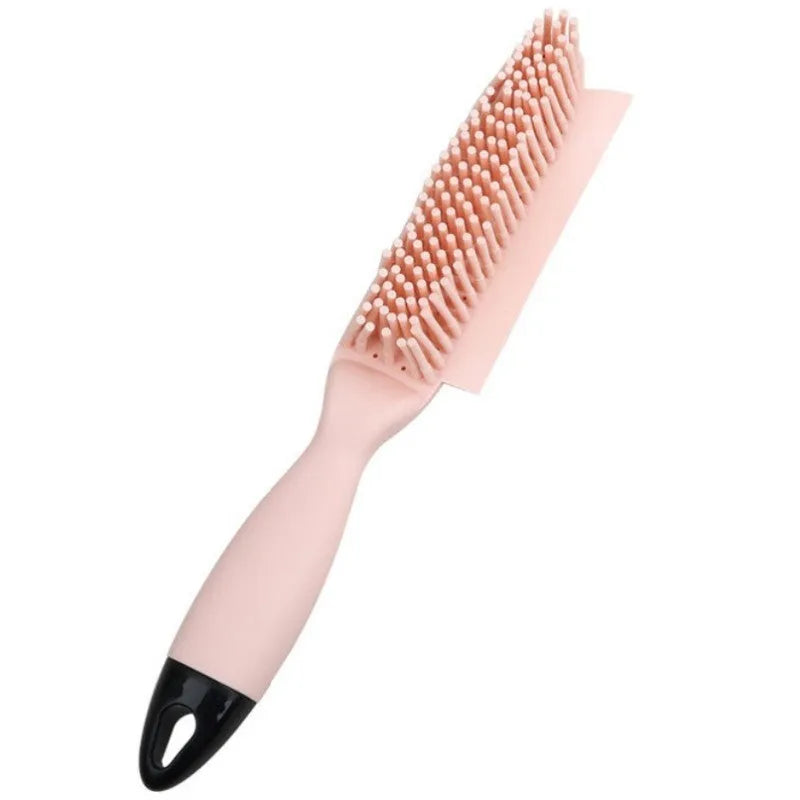 Green and pink dual-use dog brush and sticky clothes hair remover for pet grooming.