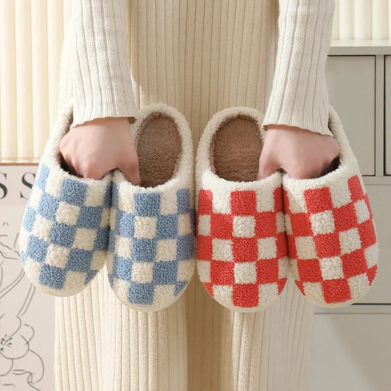 Checkerboard print winter house slippers with suede upper and TPR sole in black, watermelon red, blue and green