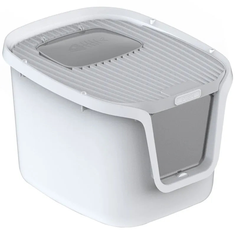 Fully enclosed extra large cat litter basin in medium grey with roll tail top entrance, deodorising film, cat shovel, and cat teasing pole
