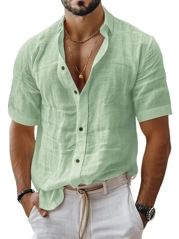 Men's short sleeve lapel shirt in a solid colour, showing cardigan style and polyester fabric.