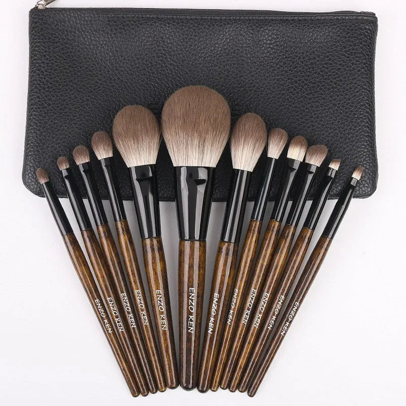 12-piece makeup brush set with wooden handles in PU roll case