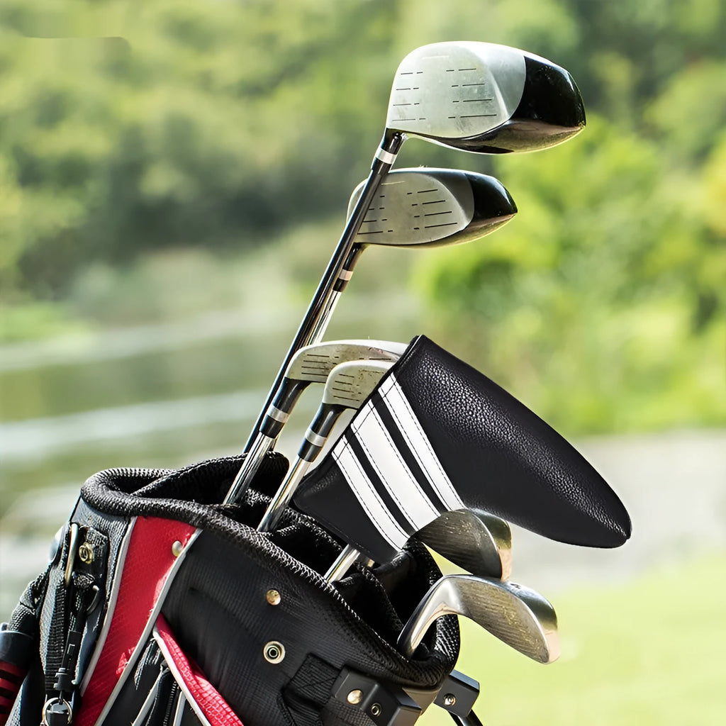 Black PU leather golf push rod sleeve, a protective cover for a single golf club.