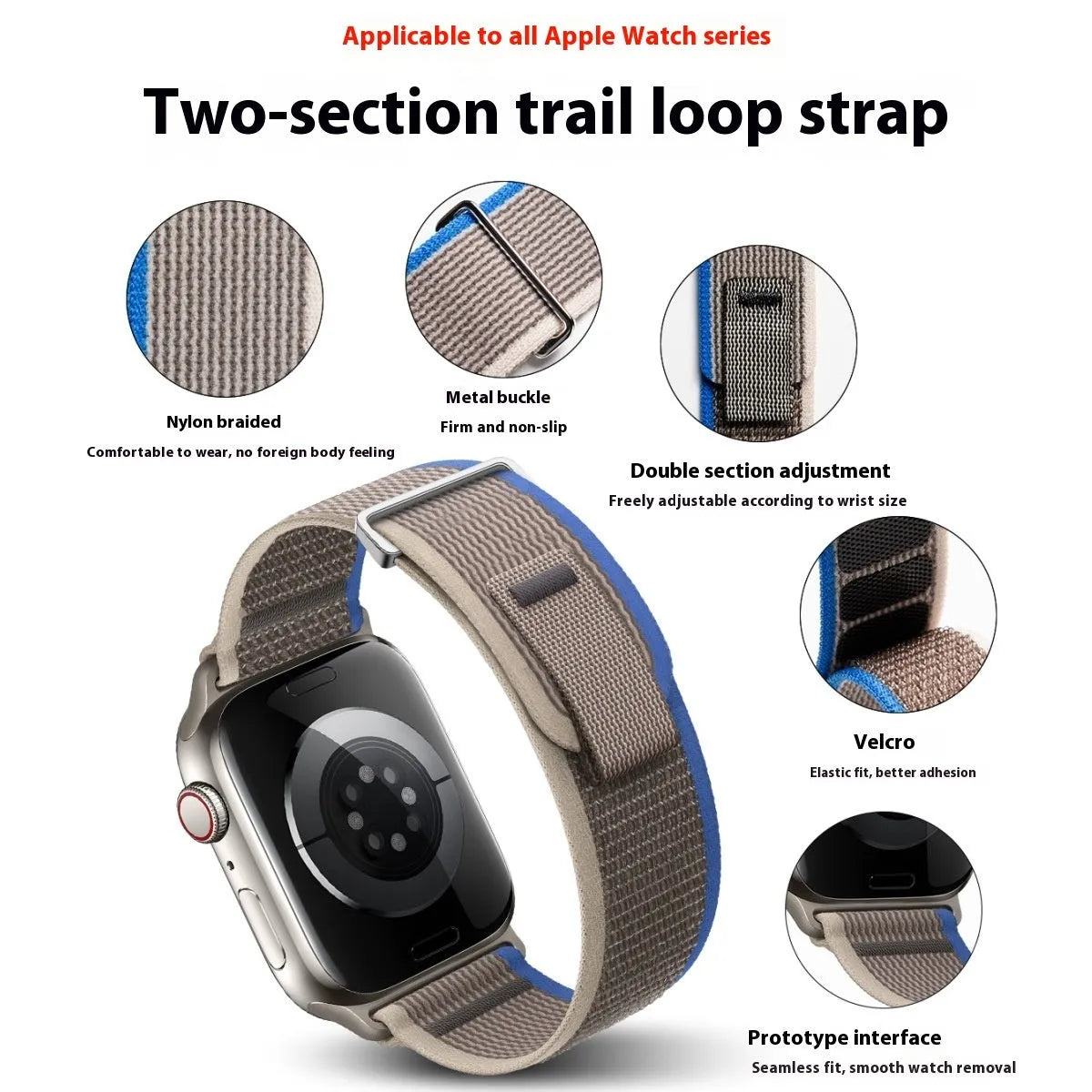 Nylon two-section replacement watch band for Apple Watch, sports style, black and grey colour