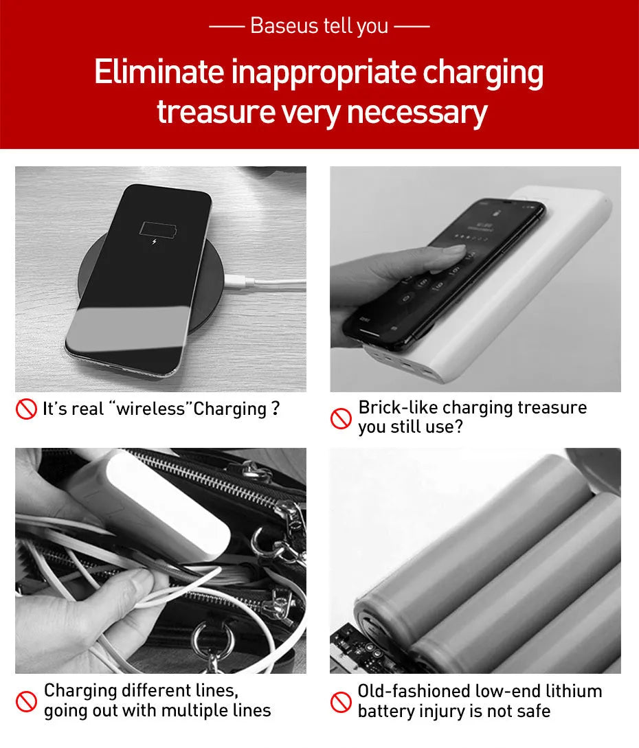 Small square black portable power bank with LED digital display on a table.