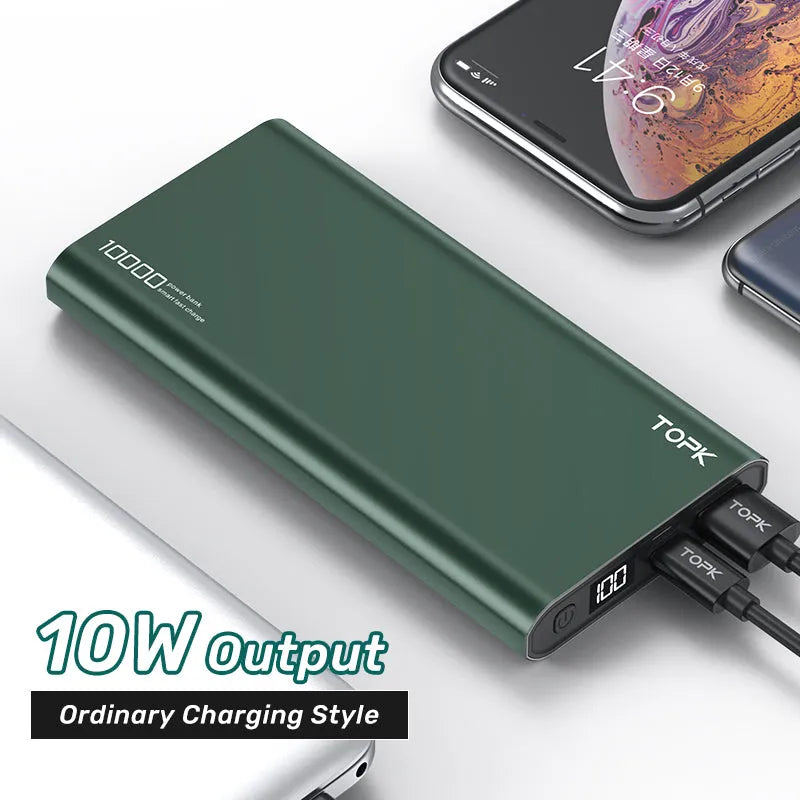 Silver 10,000 mAh fast charging power bank with digital display and metal shell on white background