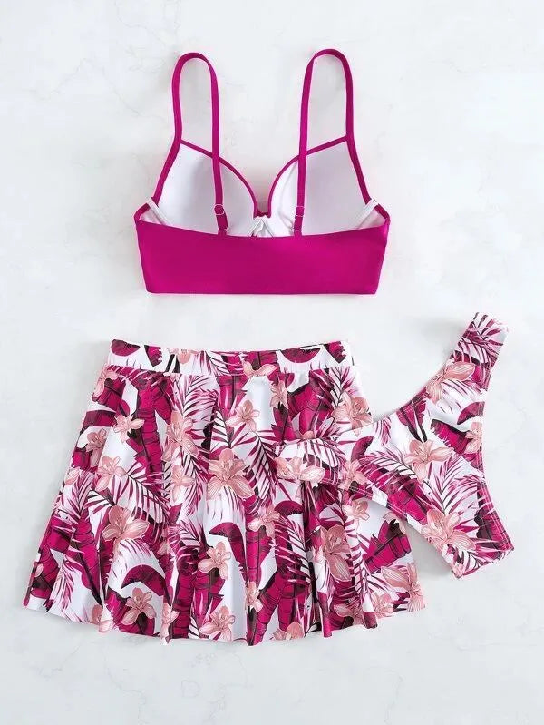 Women's high-waisted three-piece bikini swimsuit set in polyester fabric with belly coverage