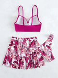 Women's high-waisted three-piece bikini swimsuit set in polyester fabric with belly coverage