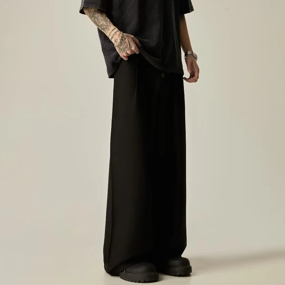 Men's black solid colour wide-leg casual trousers with a straight-leg cut and button fly.