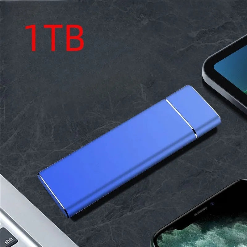 Sapphire blue portable solid state external hard drive with USB cable