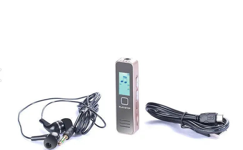 Black mini digital voice recorder showing one-touch button and two-colour display