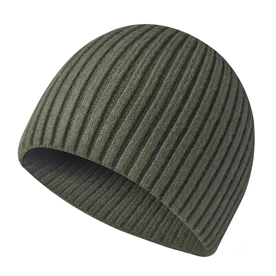 Men's warm acrylic knitted hat with conical crown and straight edge brim, average size, in black, gray, navy blue, army green, khaki, brown, wine red or white.