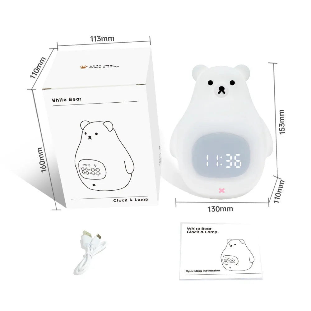 Big White Bear shaped silicone night light with remote control on a wooden bedside table