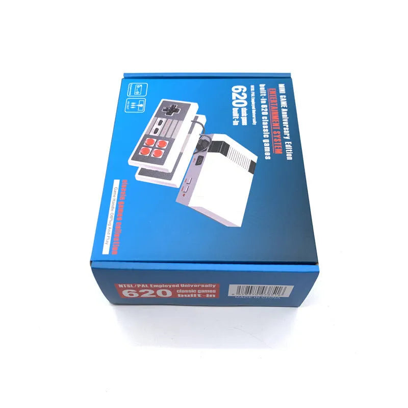 Compact black NES retro game console with two controllers on a table, showing AV and power ports.