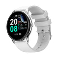 Smart watch with blood pressure monitoring on a silicone strap, showing a black watch face.