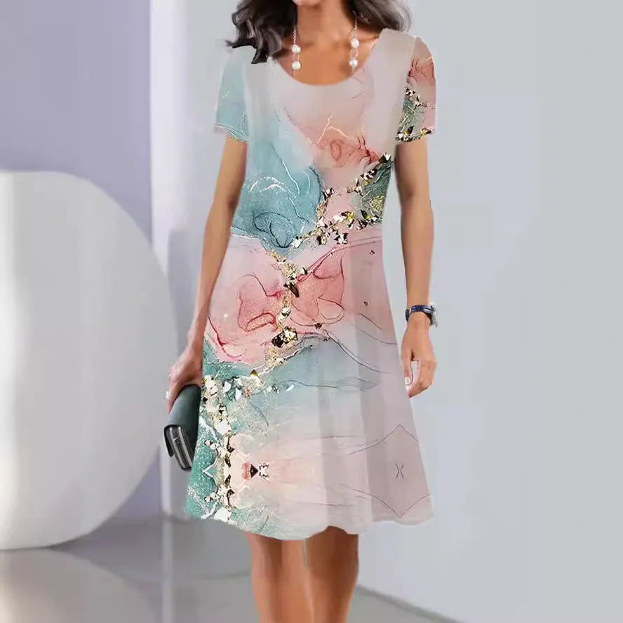 Women's floral printed Ice Silk A-line dress with short sleeves and round neck.