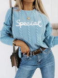 Blue crew neck pullover sweater with white embroidered letters and numbers on the chest
