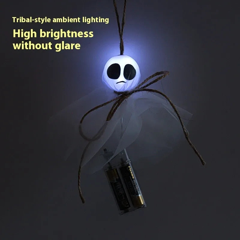 Halloween ghost-themed LED lighting chain with battery box, showing colourful lights on a PVC string.