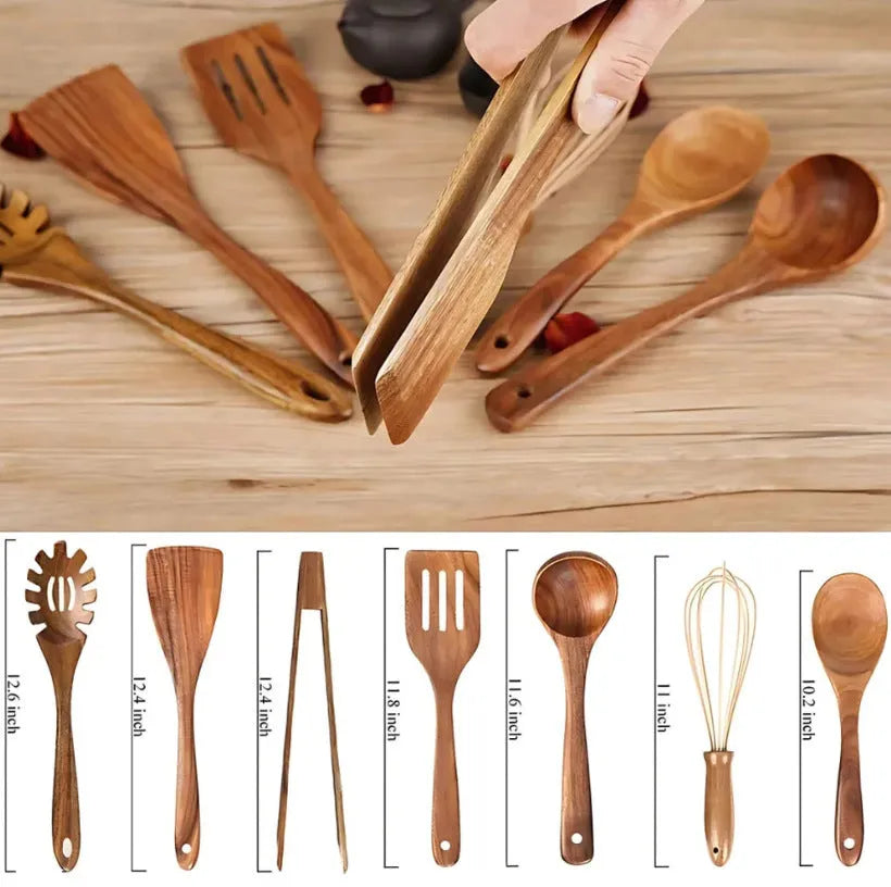 Seven-piece wooden cooking utensil set with spoons and spatulas for non-stick pans
