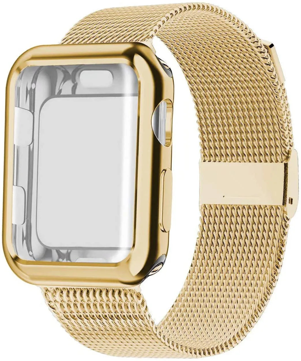 Apple Watch with magnetic Milanese loop metal strap in silver, showing adjustable magnetic clasp.