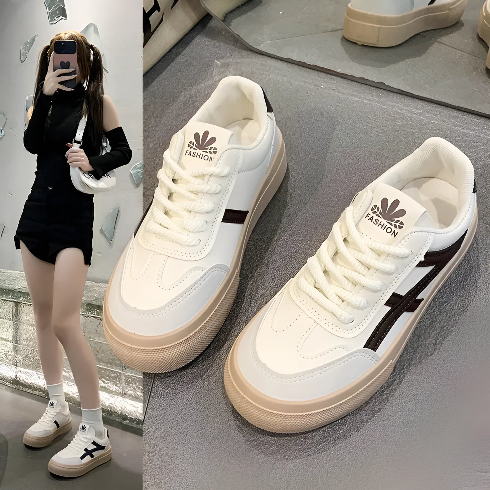 Brown and blue low-top casual lace-up shoes with a round toe and flat rubber sole.