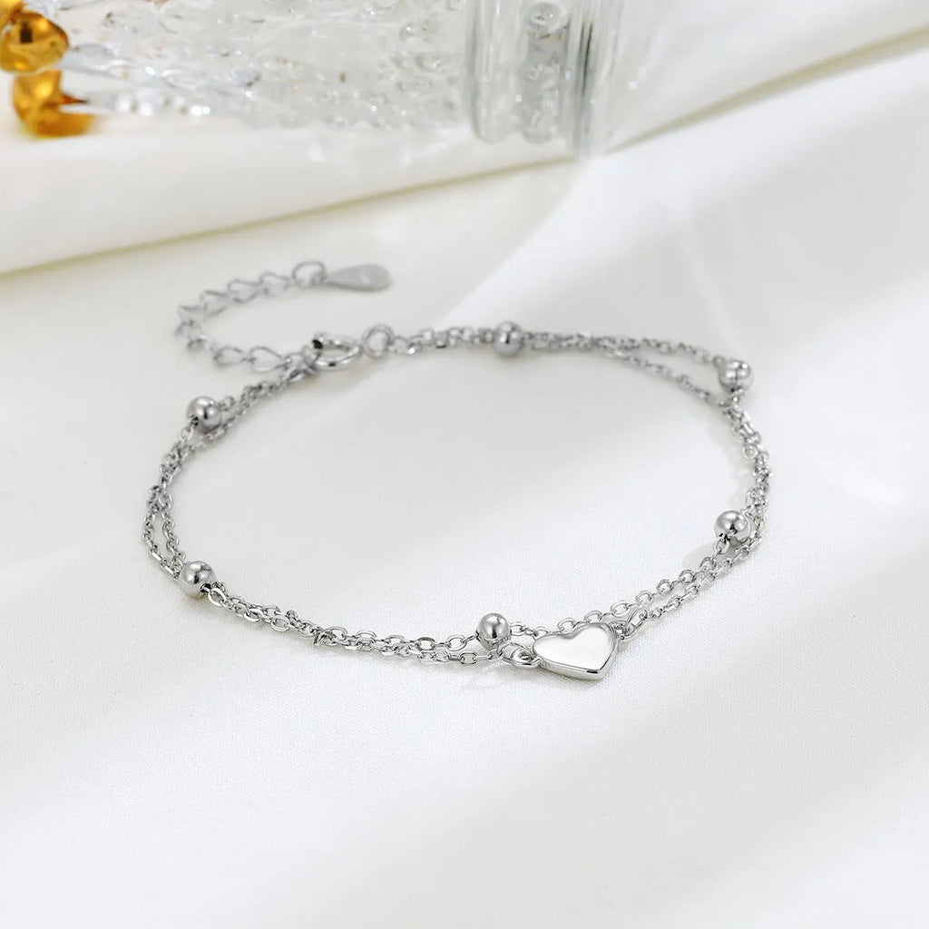 S925 sterling silver double-layer heart bracelet women's simple style silver colour adjustable chain
