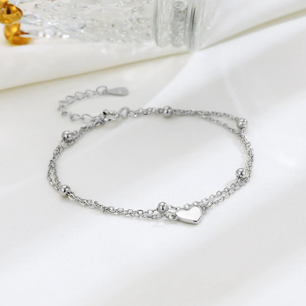 S925 sterling silver double-layer heart bracelet women's simple style silver colour adjustable chain