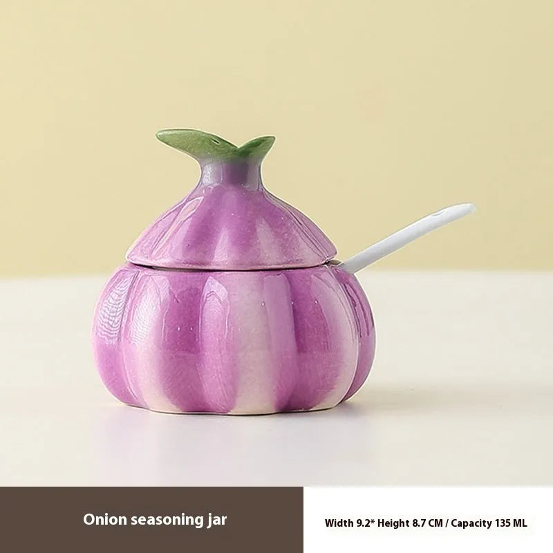 Ceramic onion seasoning jar with cover and spoon in modern simplicity style on a kitchen countertop
