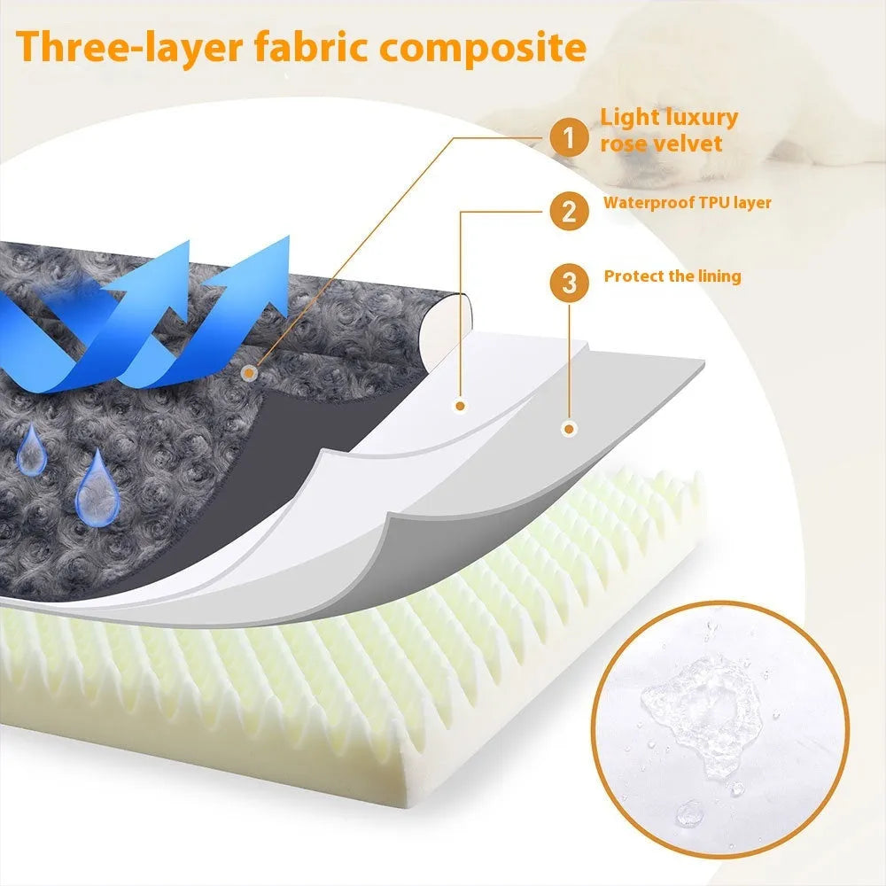 Grey U-shaped removable cover pet sofa bed for dogs on a wooden floor.