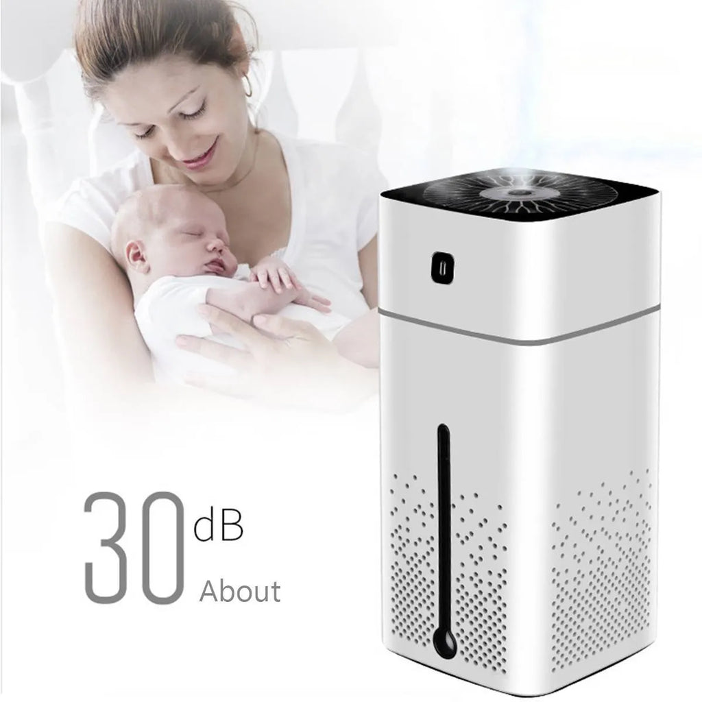 A compact black or white desktop humidifier with USB cable, standing 218mm tall on a wooden desk.