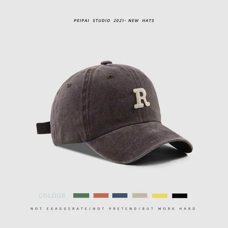 Washed Letter R stick ball cap in cotton with dome crown, adjustable L size 54-60cm