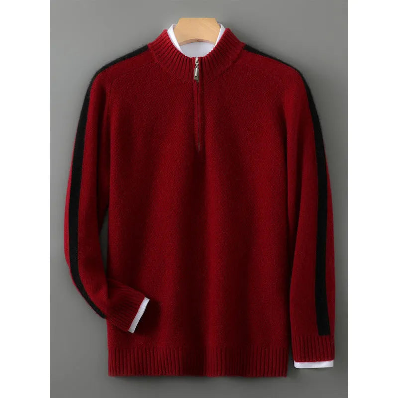 Sheep wool half-zip knitted pullover sweater in slim fit on a hanger.