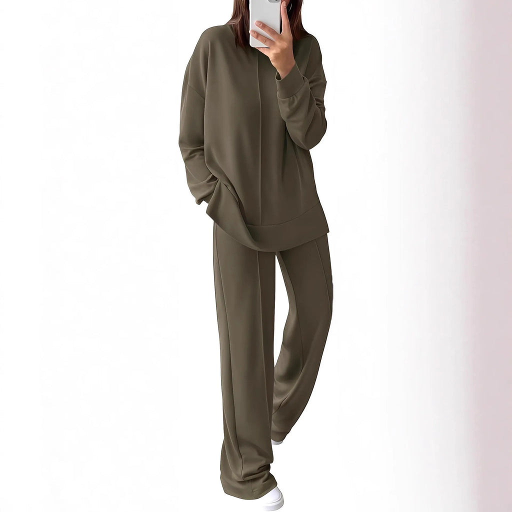 Women's long sleeve polyester jogging suit two-piece set shown in army green.